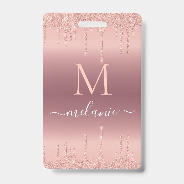 Rose Gold Glitter Custom Your Letter Name Badge (Front)