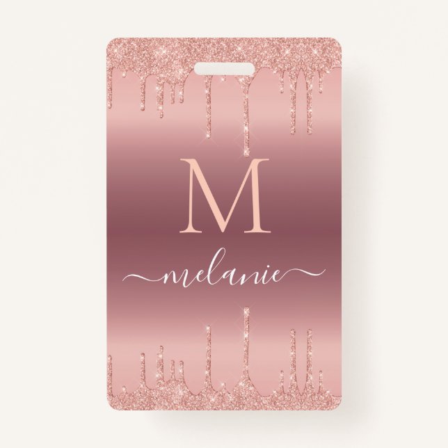 Rose Gold Glitter Custom Your Letter Name Badge (Front)