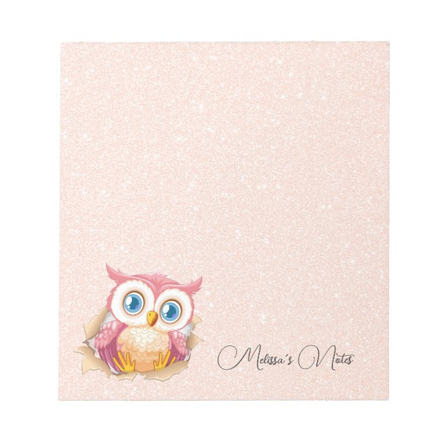 Rose Gold Glitter Cute Owl Add Name Notepad (Front)