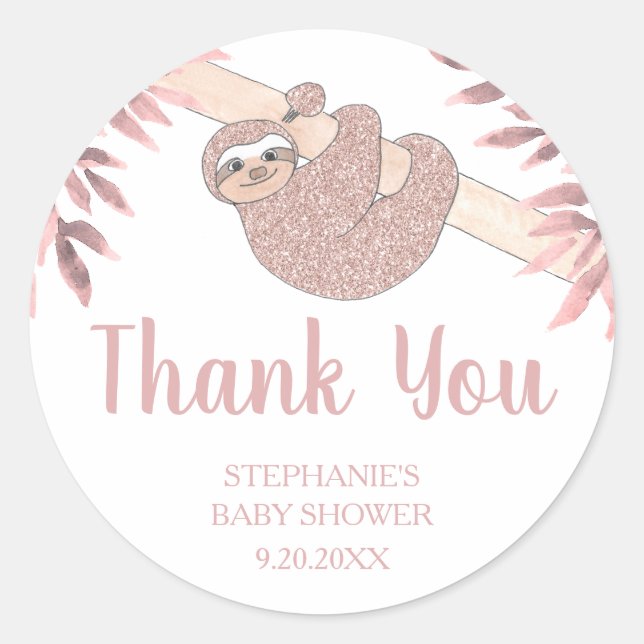 Rose Gold Glitter Cute Sloth Baby Shower Sticker (Front)