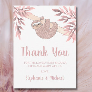 Rose Gold Glitter Cute Sloth Baby Shower Thank You Card