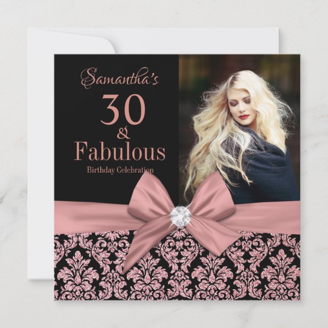 Rose gold glitter damask 30th Birthday Invitation (Front)