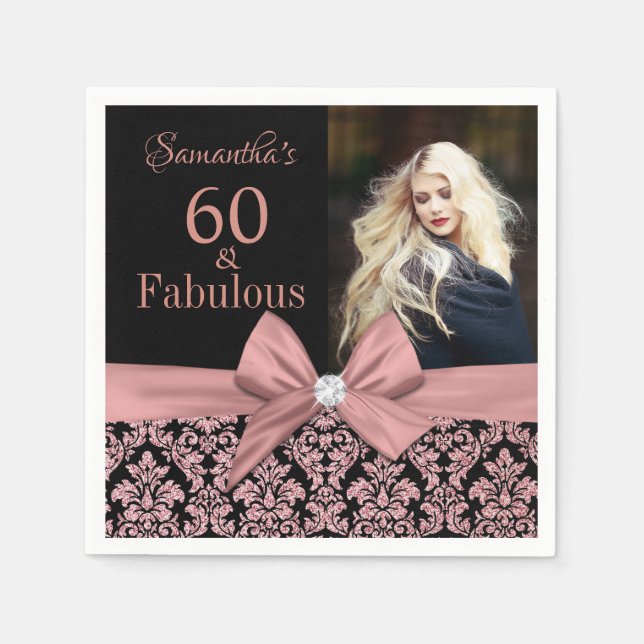 Rose gold glitter damask 60th Birthday photo Napkin (Front)