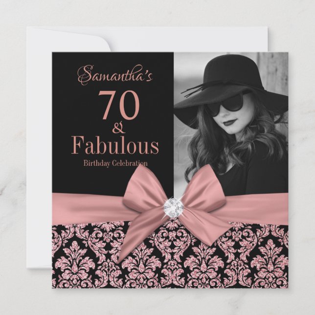 Rose gold glitter damask 70th Birthday Invitation (Front)