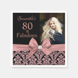 Rose gold glitter damask 80th Birthday photo Napkin