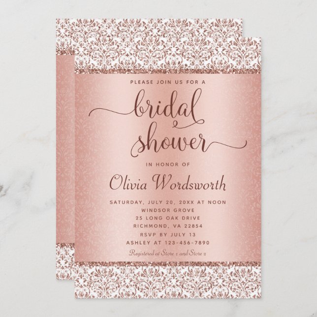 Rose Gold Glitter Damask Bridal Shower Invitation (Front/Back)