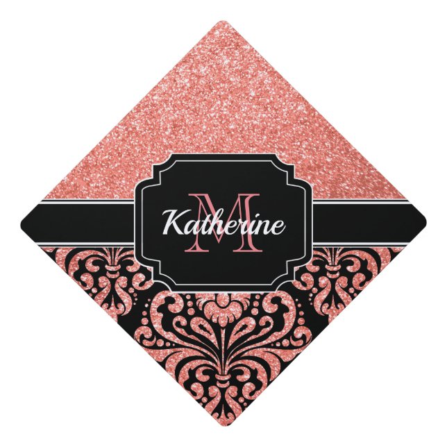 Rose Gold Glitter Damask Graduation Cap Topper (Front)