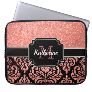 Rose Gold Glitter Damask Laptop Sleeve