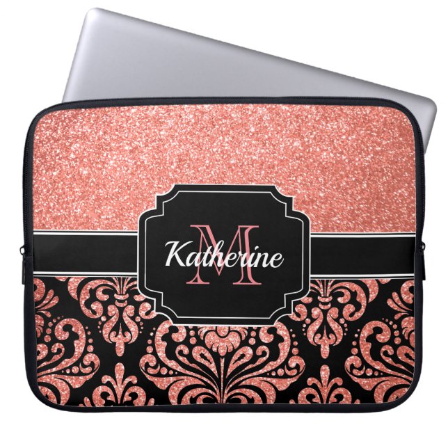 Rose Gold Glitter Damask Laptop Sleeve (Front)