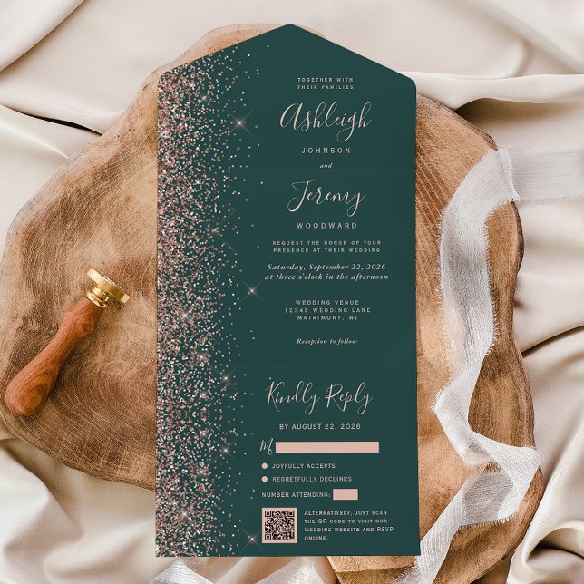 Rose Gold Glitter Dark Green QR Code Wedding All In One Invitation (Creator Uploaded)