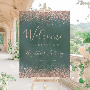 Rose Gold Glitter Dark Green Wedding Welcome Acrylic Sign