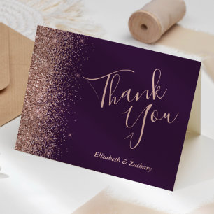 Rose Gold Glitter Dark Purple Wedding Thank You Card