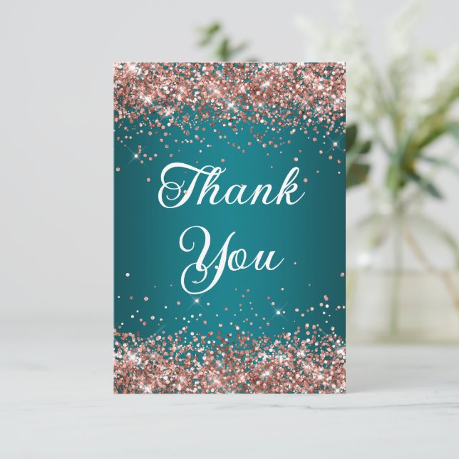 Rose Gold Glitter Dark Turquoise 40th Birthday Thank You Card (Standing Front)