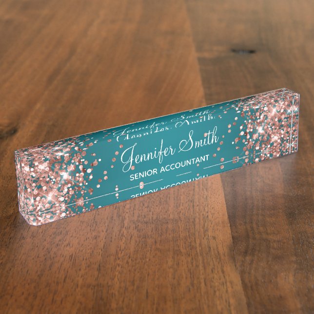 Rose Gold Glitter Dark Turquoise Gradient Nameplate (Side)