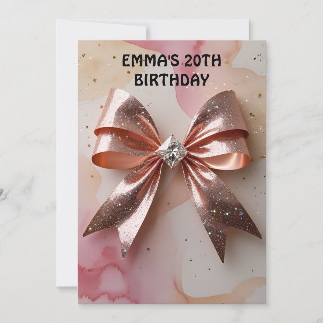 Rose gold glitter diamond bow birthday  invitation (Front)