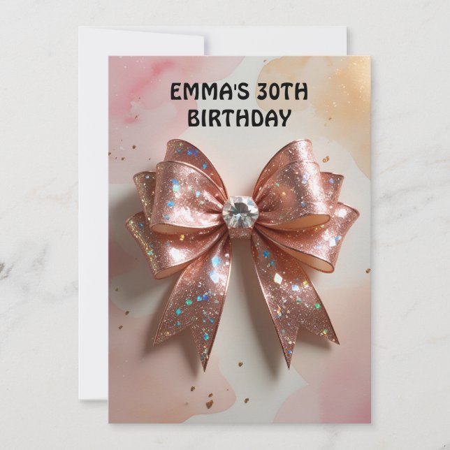 Rose gold glitter diamond bow birthday  invitation (Front)