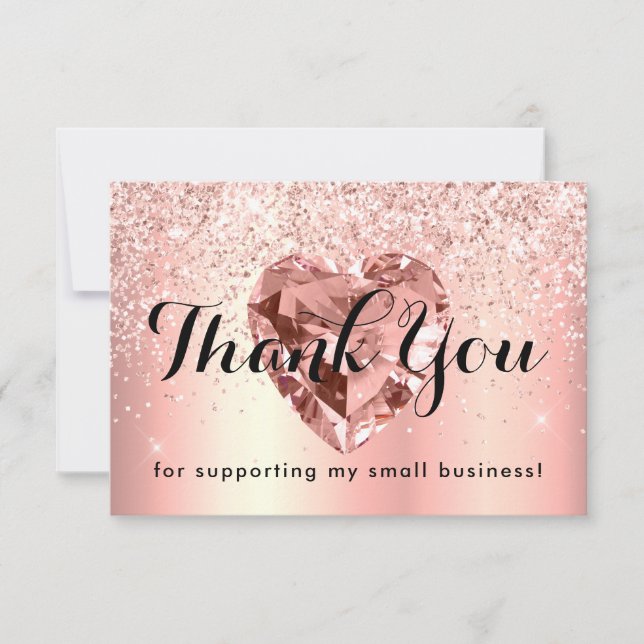 Rose Gold Glitter Diamond Heart Business Custom Thank You Card (Front)