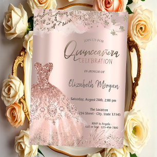 Rose Gold Glitter Diamonds Chic Dress Quinceañera Invitation