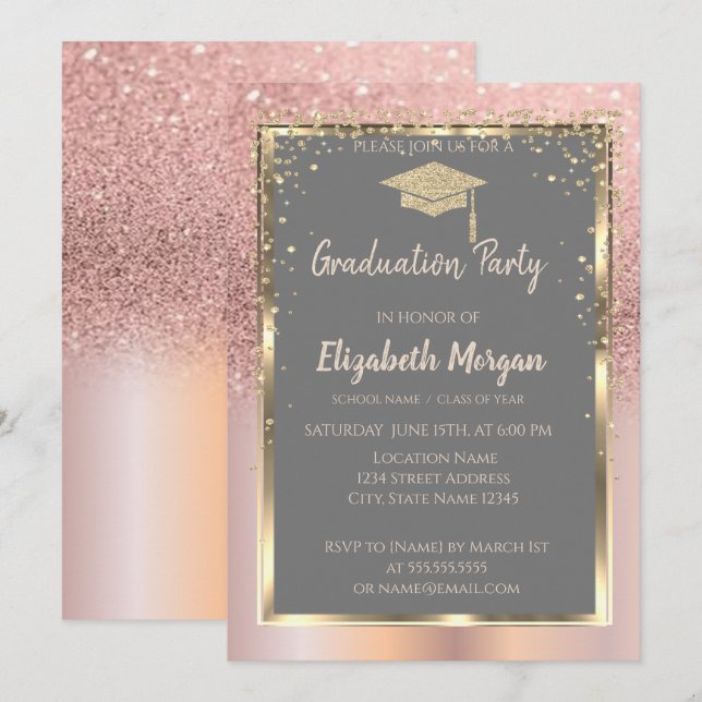 Rose Gold Glitter  Diamonds Graduation Invitation (Front/Back)