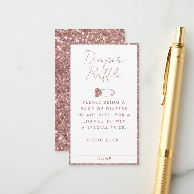 Rose Gold Glitter Diaper Raffle Baby Shower Enclosure Card (Front/Back In Situ)