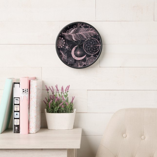 Rose Gold Glitter Dreamcatcher Feathers Mandala Clock (Reading Room)