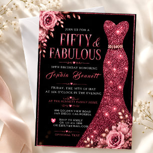 Rose Gold Glitter Dress 50th Birthday Invitation