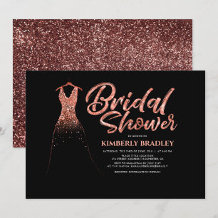 Rose Gold Glitter Dress Black Bridal Shower Invitation