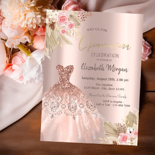 Rose Gold Glitter Dress Flowers Quinceañera Invitation
