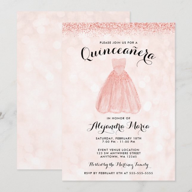 Rose Gold Glitter Dress Quinceanera Invitations (Front/Back)