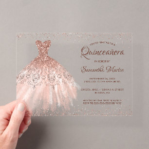 Rose Gold Glitter Dress Script Quinceañera Party Acrylic Invitations