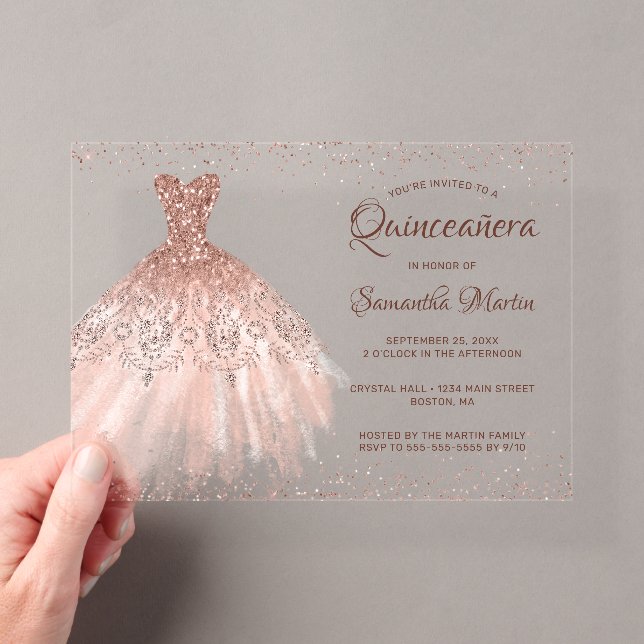 Rose Gold Glitter Dress Script Quinceañera Party Acrylic Invitations (Insitu (Handheld))