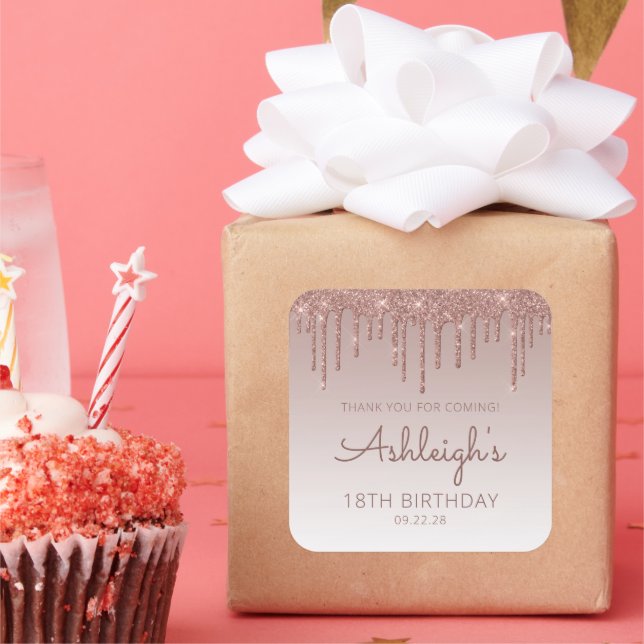 Rose Gold Glitter Drip 18th Birthday Thank You Square Sticker (Party)