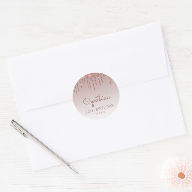 Rose Gold Glitter Drip 60th Birthday Classic Round Sticker (Envelope)