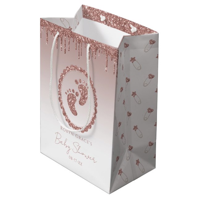 Rose Gold Glitter Drip Baby Shower Gift Bag  (Back Angled)