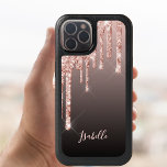 Rose gold glitter drip copper ombre name girly<br><div class="desc">An elegant,  girly and glam phone case. Faux rose gold,  copper glitter drip,  paint drip look.  Black,  Brown,  coffee latte coloured ombre background. Insert your name,  written with a modern hand lettered style script. Rose gold coloured letters.</div>