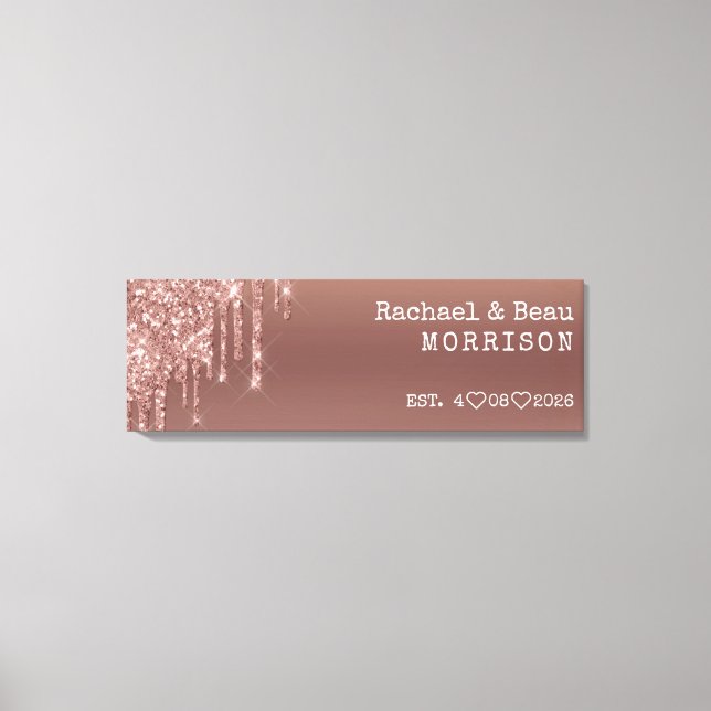 Rose Gold Glitter Drip Couple Wedding Anniversary Canvas Print (Front)
