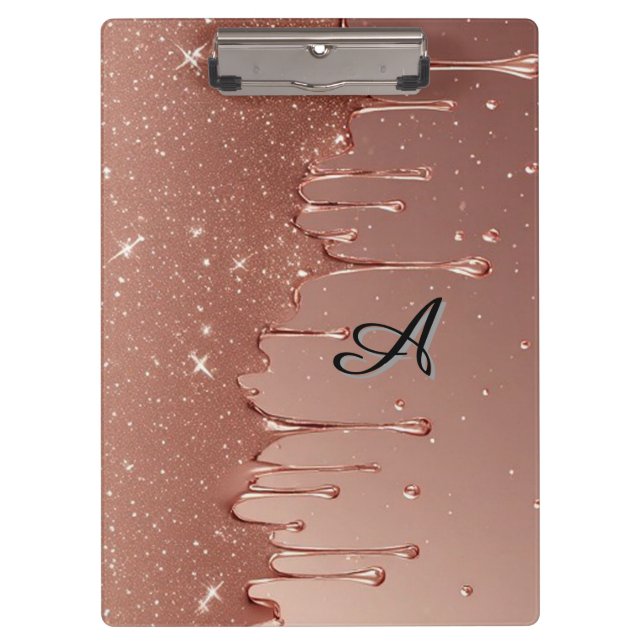 Rose Gold Glitter Drip Custom Name Monogram Clipboard (Front)