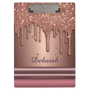 Rose Gold Glitter Drip Custom Name Monogram Clipboard