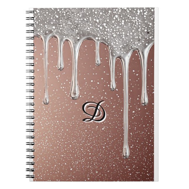 Rose Gold Glitter Drip Custom Name Monogram Notebook (Front)