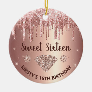 Rose Gold Glitter Drip Diamond Sweet Sixteen Ceramic Ornament