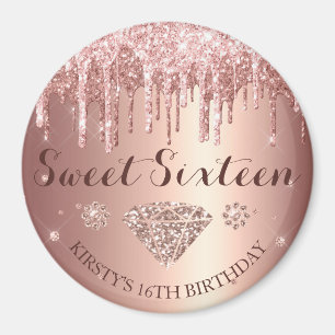 Rose Gold Glitter Drip Diamond Sweet Sixteen Magnet