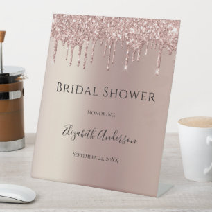 Rose Gold Glitter Drip Glam Trendy Bridal Shower Pedestal Sign