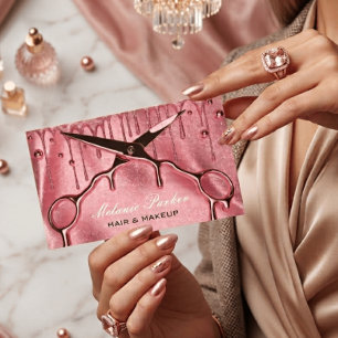 Rose Gold Glitter Drip Hair Shears Business Card
