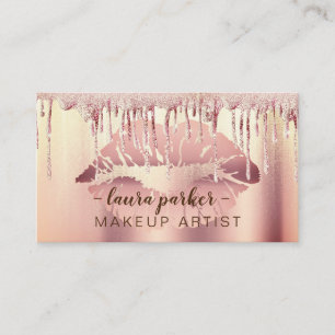 Rose Gold Glitter Drip Lips Makeup Artist Salon Business Card