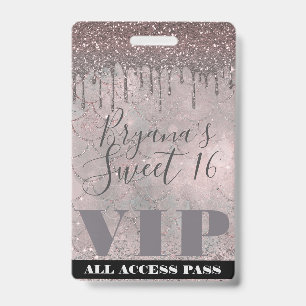 Rose Gold Glitter Drip Mermaid Sweet 16 VIP Pass Badge