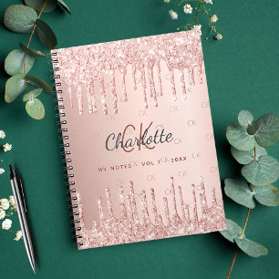 Rose gold glitter drip monogram script notebook