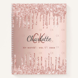 Rose gold glitter drip monogram script notebook