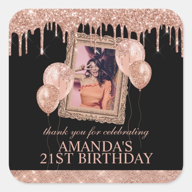 Rose Gold Glitter Drip Photo Frame Thank You Square Sticker (Front)