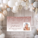 Rose Gold Glitter Drip Script Photo 80th Birthday  Banner<br><div class="desc">Welcome guests with this chic, glamourous 80th birthday party photo banner, featuring a sparkly rose gold faux glitter drip border and rose gold ombre background. Easily replace the sample image with a photo of the guest of honour. Personalize it with her name in whimsical dusty rose script, with the birthday...</div>