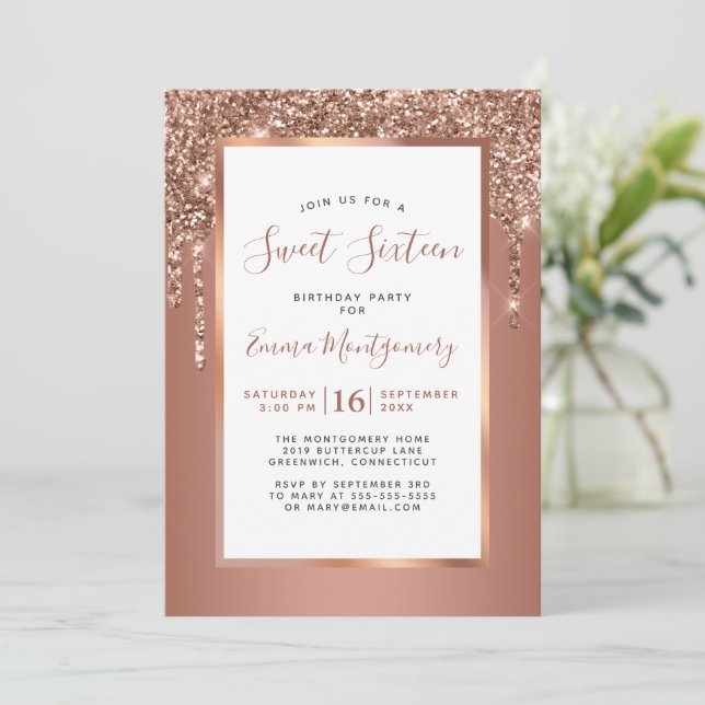 Rose Gold Glitter Drip Sweet 16 Birthday Party Invitation (Standing Front)